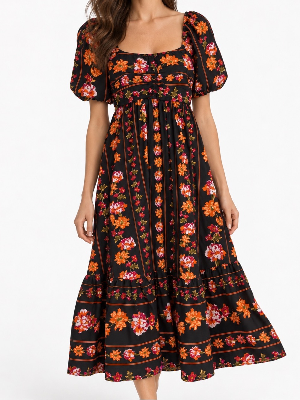 NWT Japna Floral Puff-Sleeve Maxi Dress in Black and Orange Size S